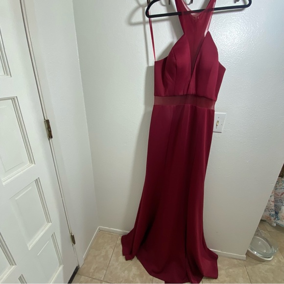 May Queen CoutureUSA Maroon MeshPanels Sleeveless High Neck Maxi Formal Dress 10 - Picture 4 of 16